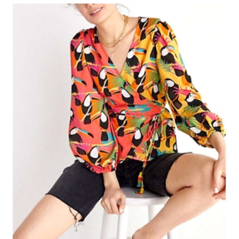 NWT FARM Rio Multicolor Tropical Print Wrap Blouse